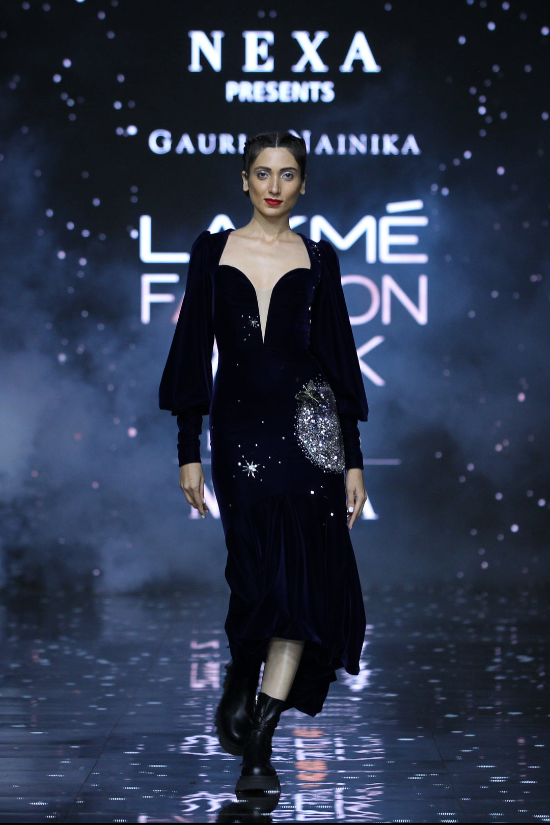 Moon embroidery - corsetted puff sleeves fit and flare dress Gauri and Nainika Moon embroidery - corsetted puff sleeves fit and flare dress Gauri and Nainika