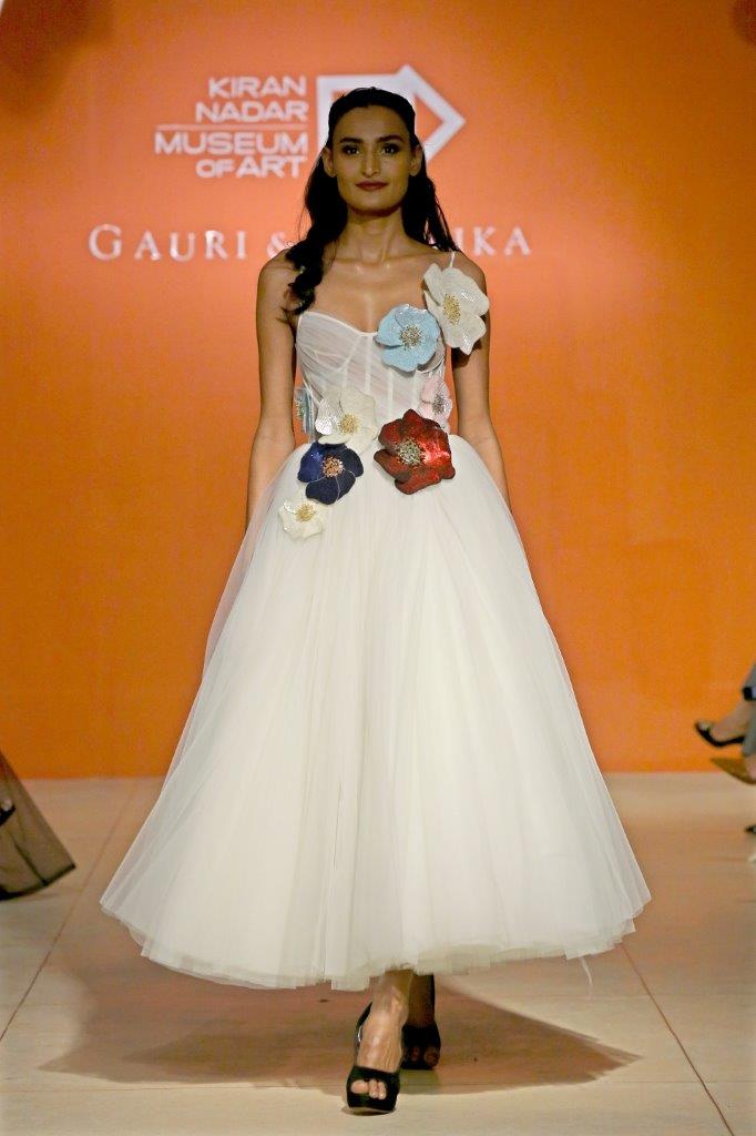 Tea length Midi dress with corset & multi color mucha flowers