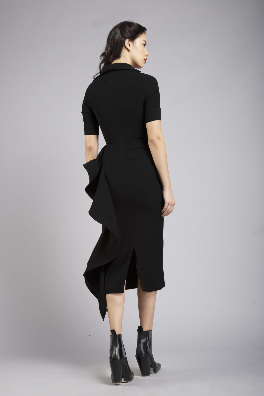 Collared neck pencil dress with sculpted frill detail