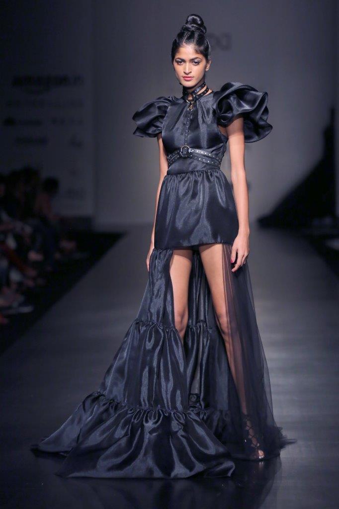 Short pouf sleeve gown with high-low hem and sheer tulle panel