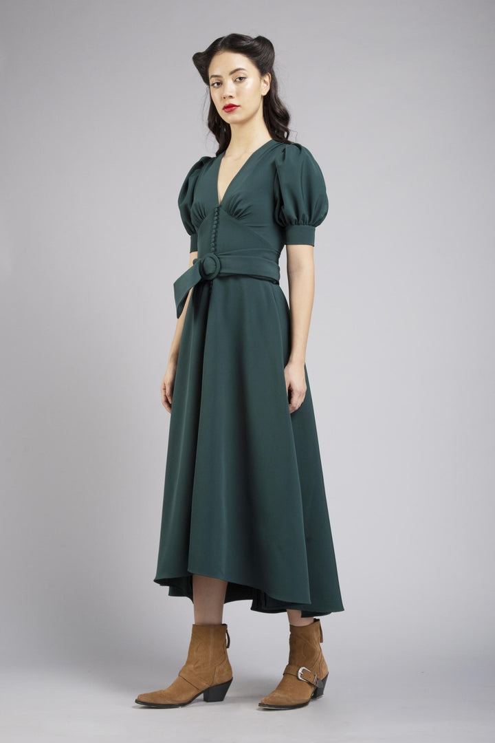 V-neck pouf sleeves front slit tea length dress