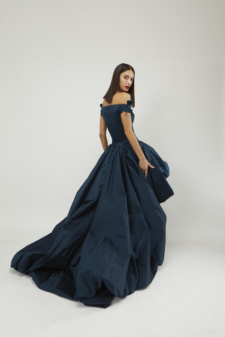 Off-shoulder drop waist corsetted high-low gown with balloon hem