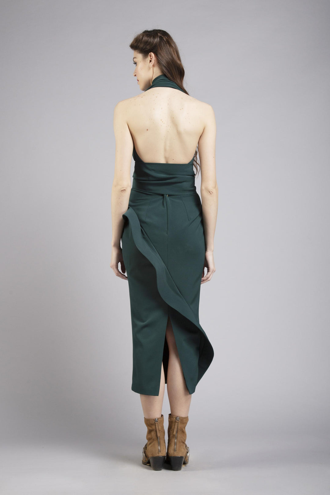 Draped pencil dress with sculpted frill detail