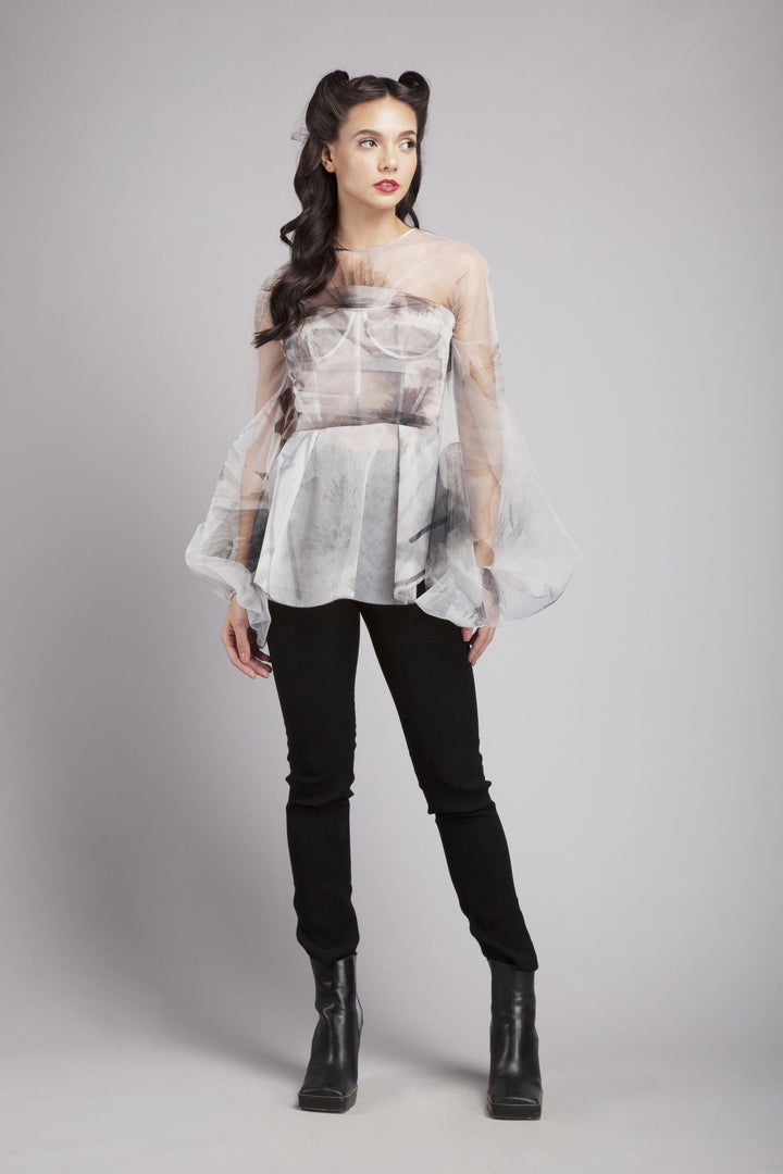 Corsetted pouf sleeves top