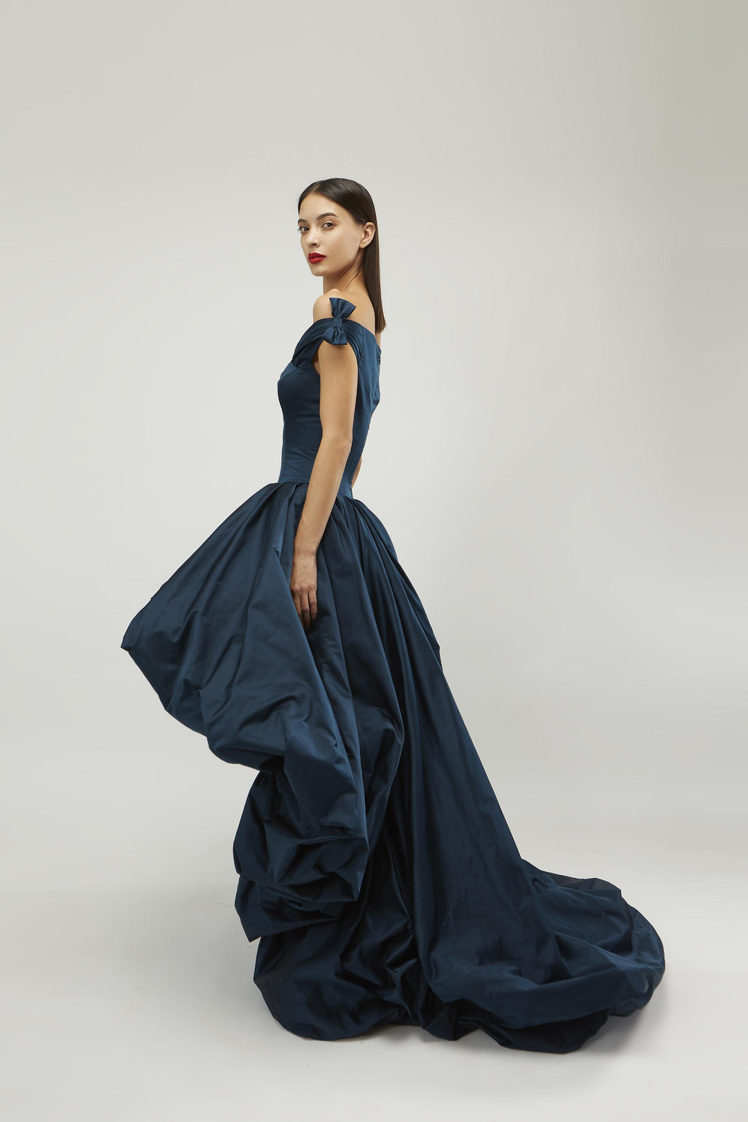 Off-shoulder drop waist corsetted high-low gown with balloon hem
