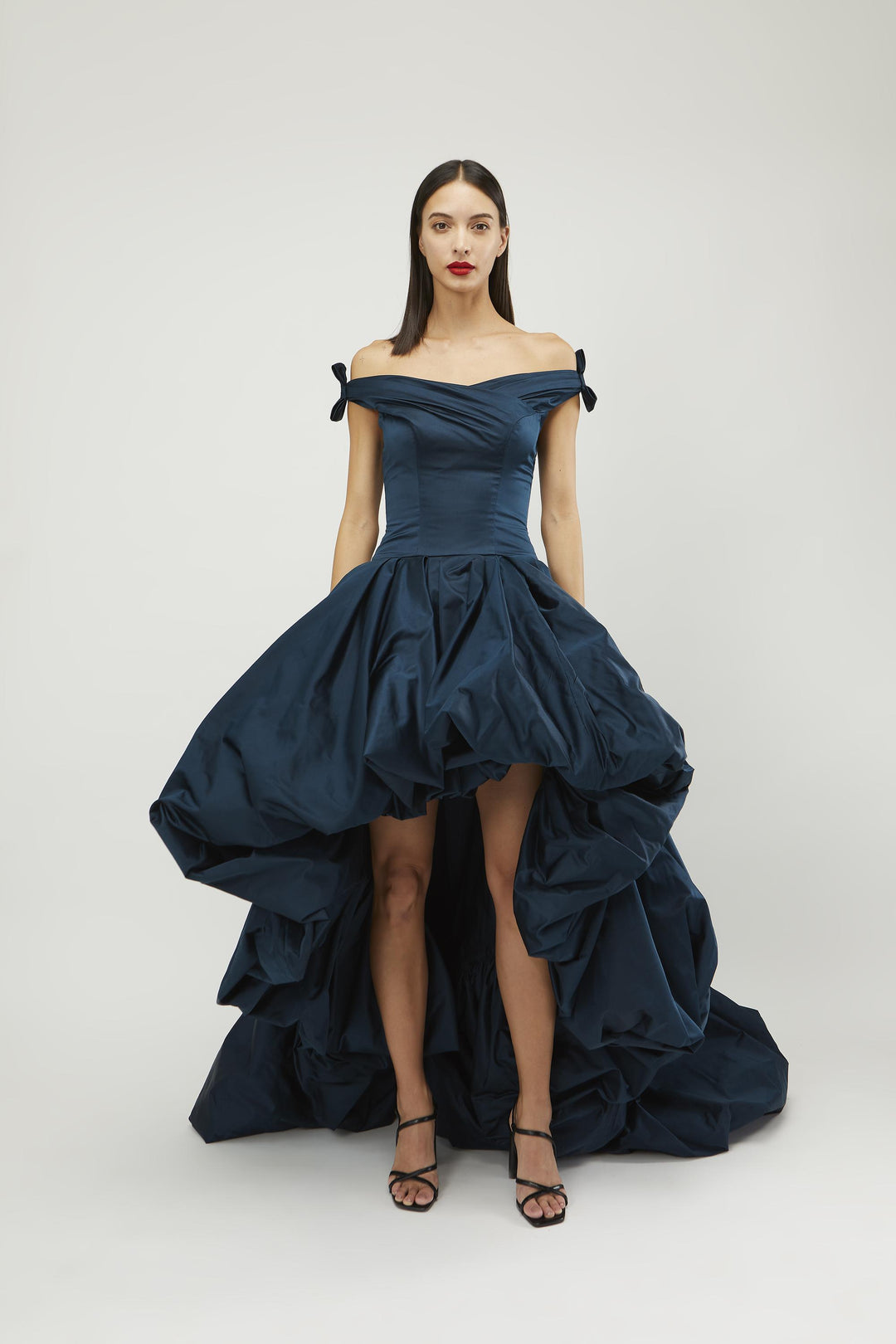 Off-shoulder drop waist corsetted high-low gown with balloon hem Gauri and Nainika Off-shoulder drop waist corsetted high-low gown with balloon hem Gauri and Nainika