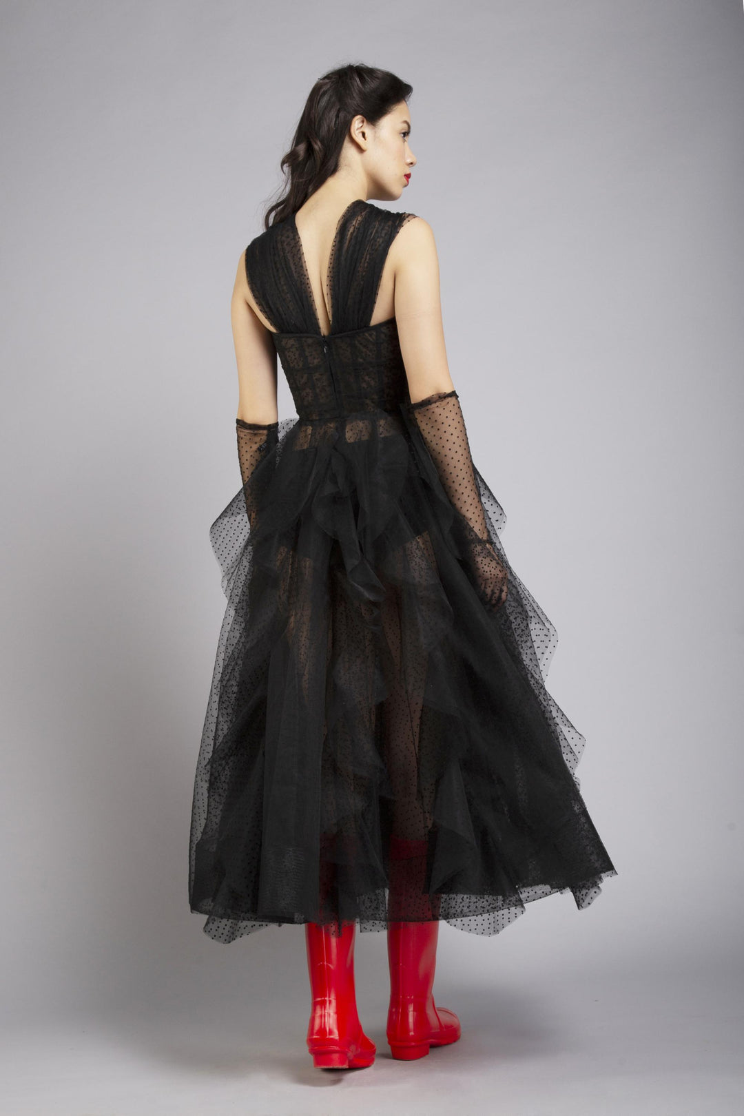 Wide x-strap corsetted frilled midi dress