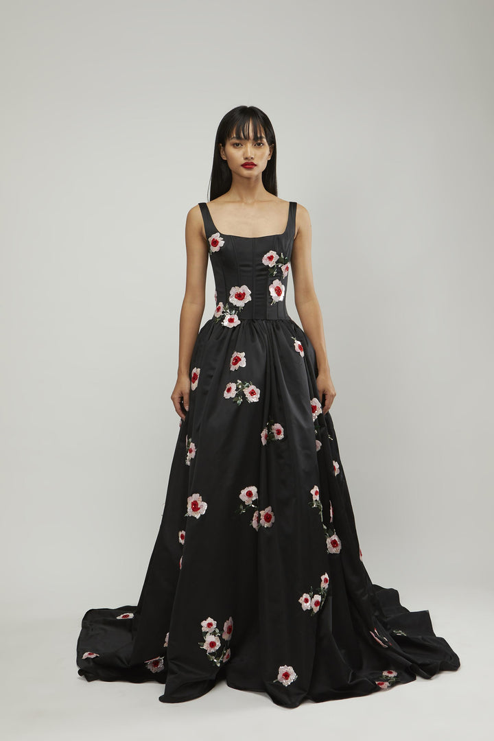 Strappy corsetted drop waist gown with rose embroidery