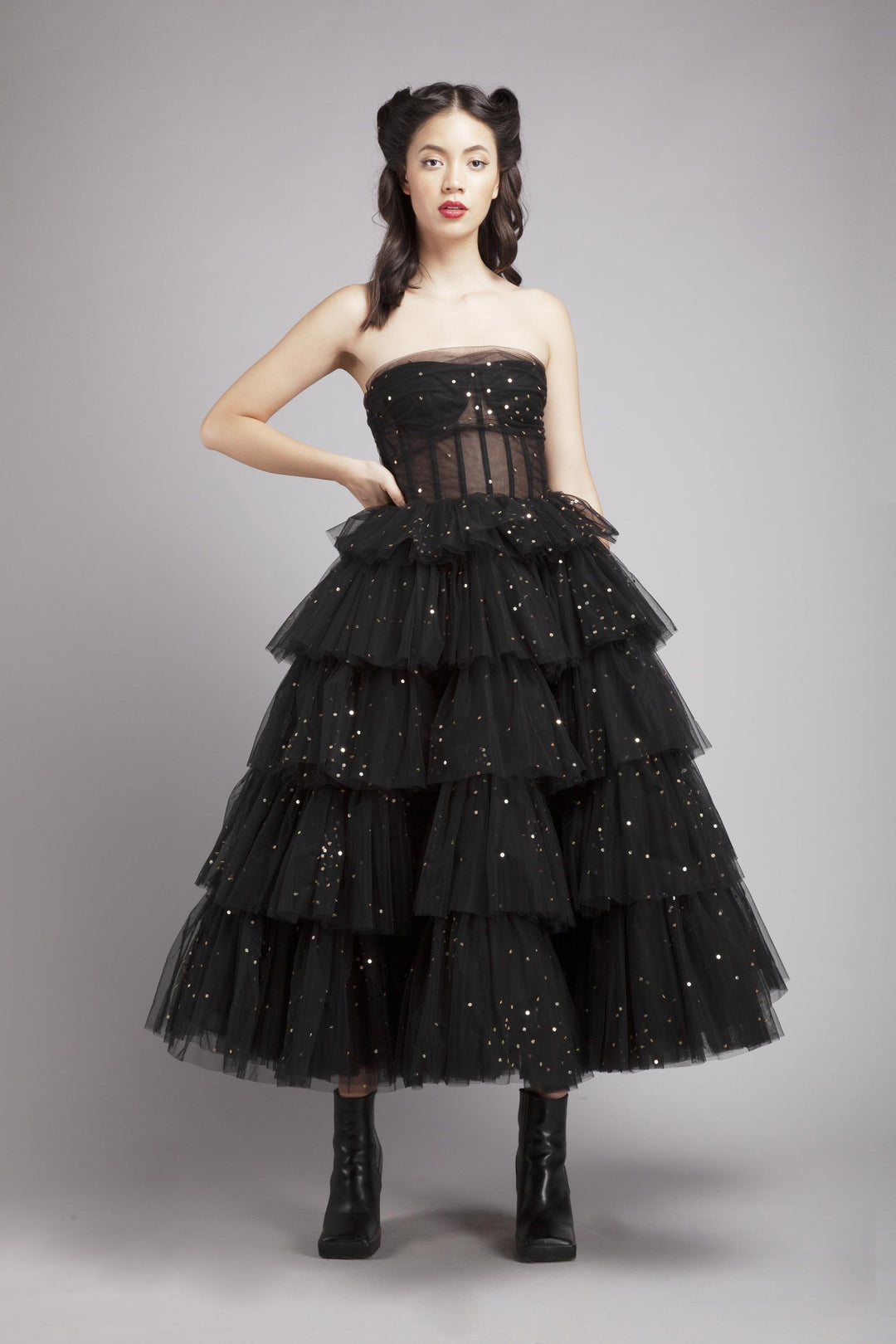 Corsetted tiered midi with sequined embroidery