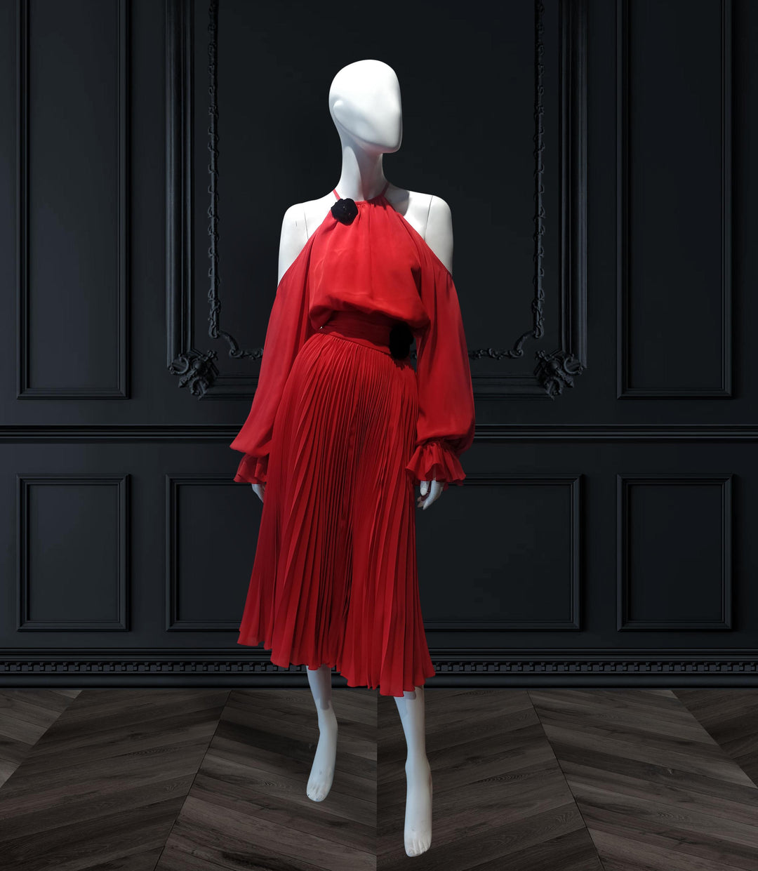 Halter neck cold shoulder pouf sleeves tea length dress