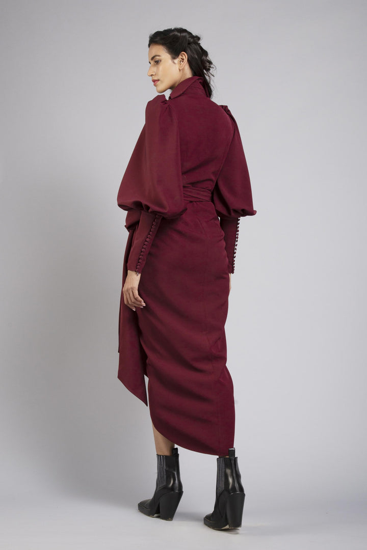 Collared pouf sleeves wrap dress
