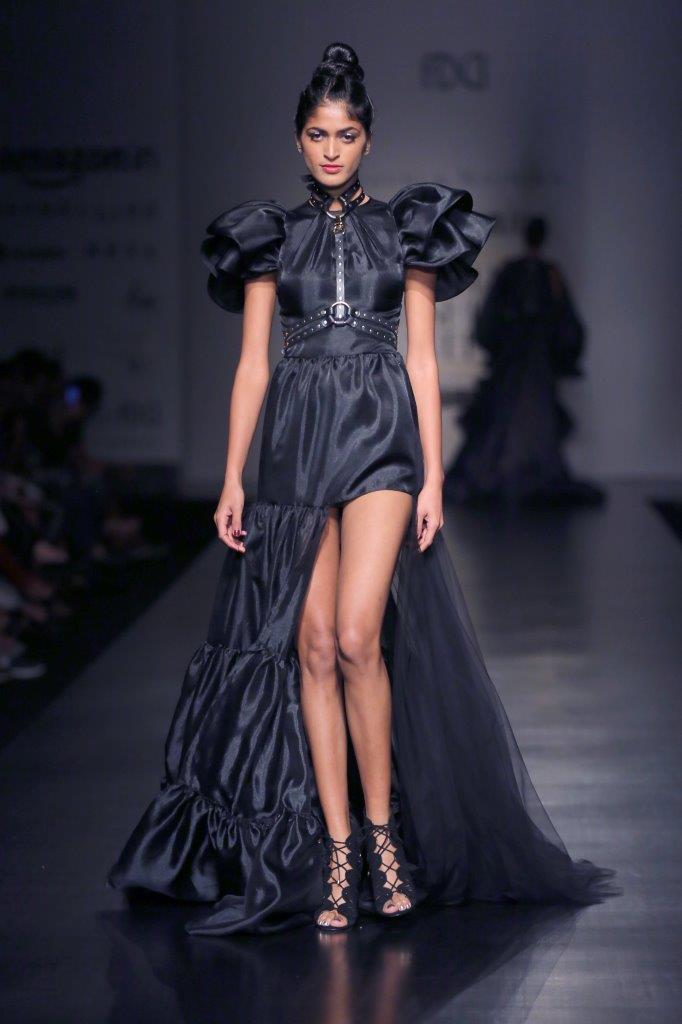 Short pouf sleeve gown with high-low hem and sheer tulle panel