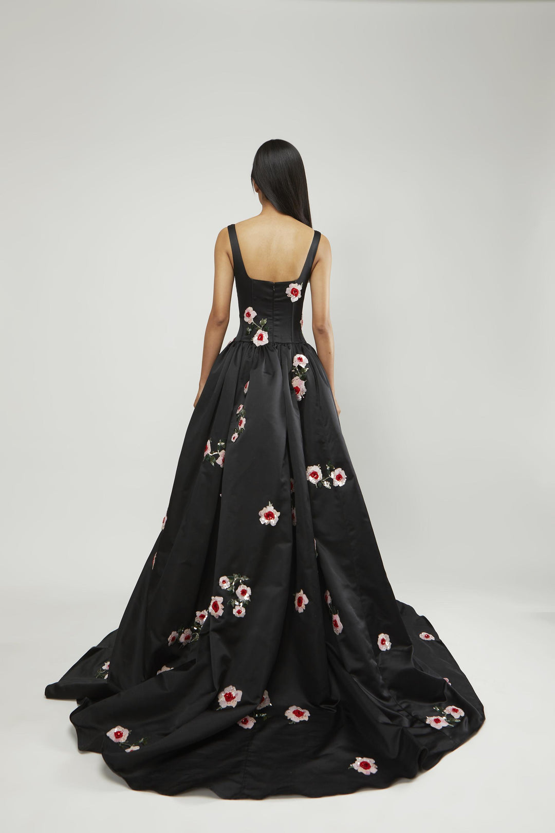 Strappy corsetted drop waist gown with rose embroidery
