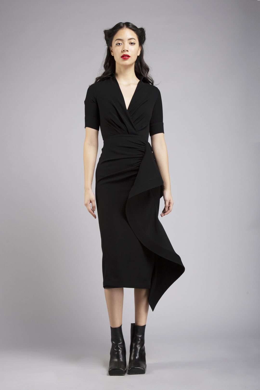 Collared neck pencil dress with sculpted frill detail