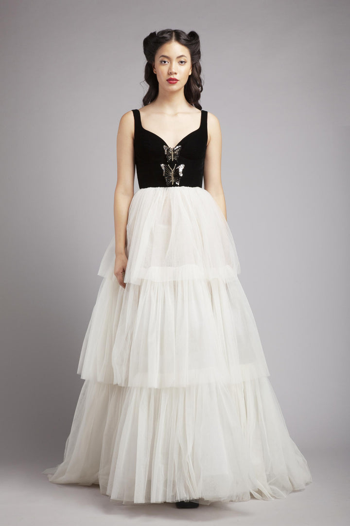 Corsetted butterfly tiered gown