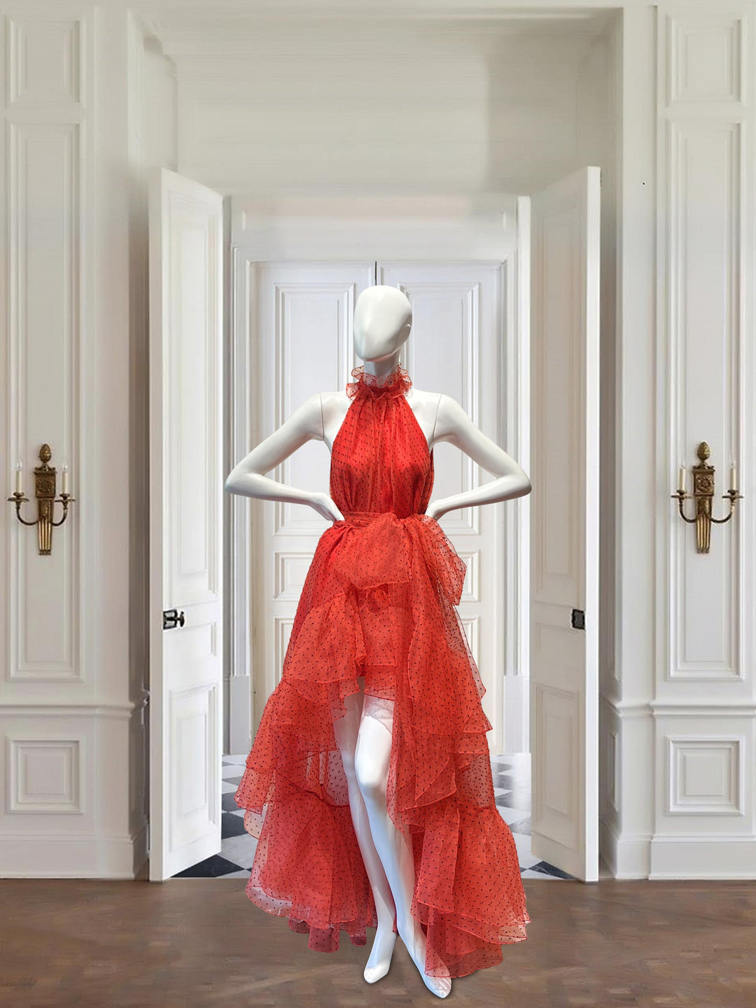halter neck trapeze dress Blue Organza Halter Neck Open Back Ruffle Gown