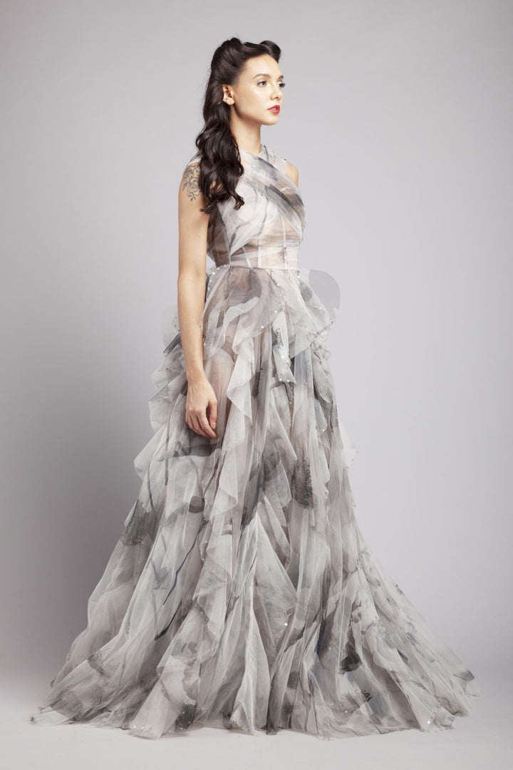 X-strap corsetted frilled gown