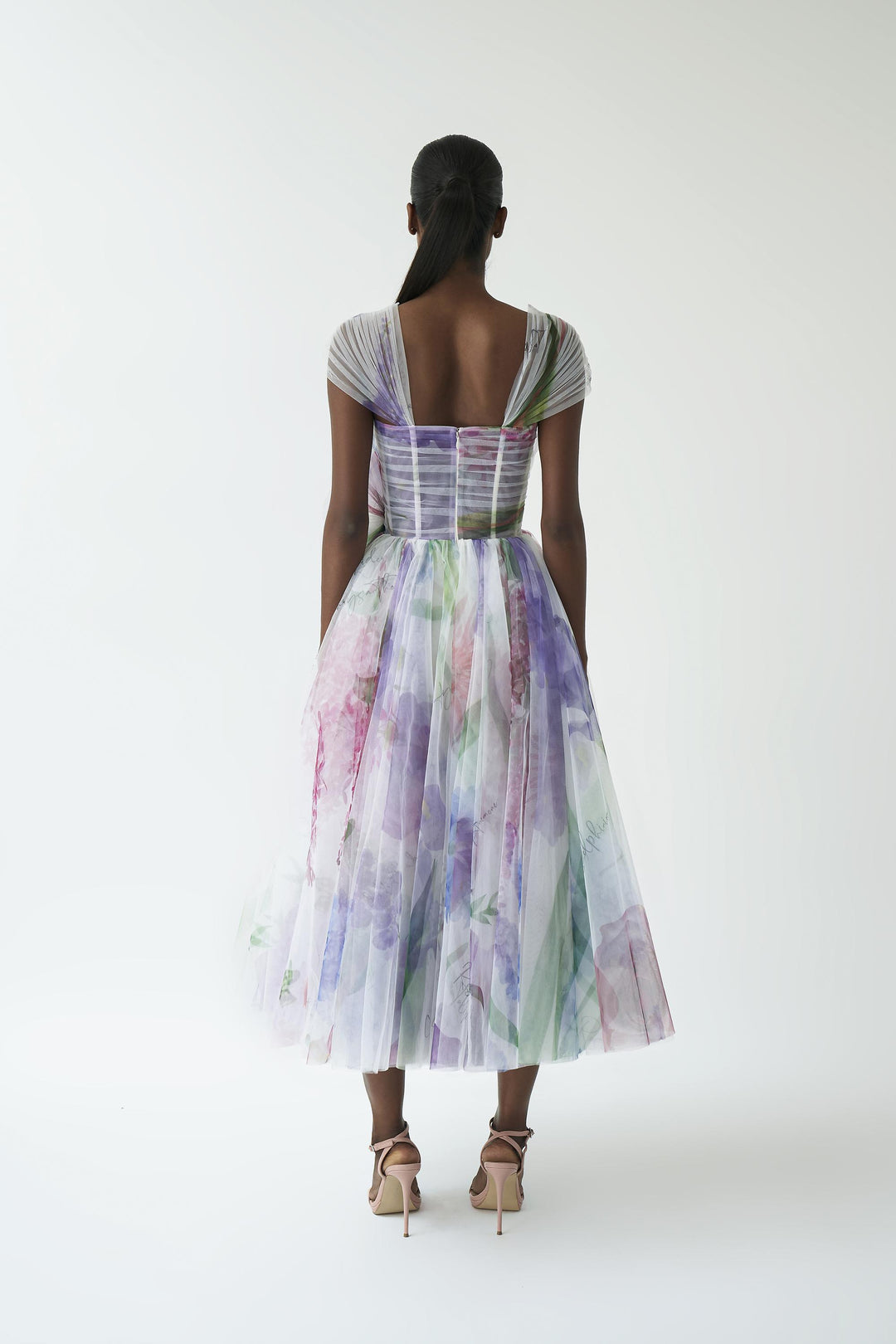 Corsetted tulle midi with gathered straps & sculpted flower