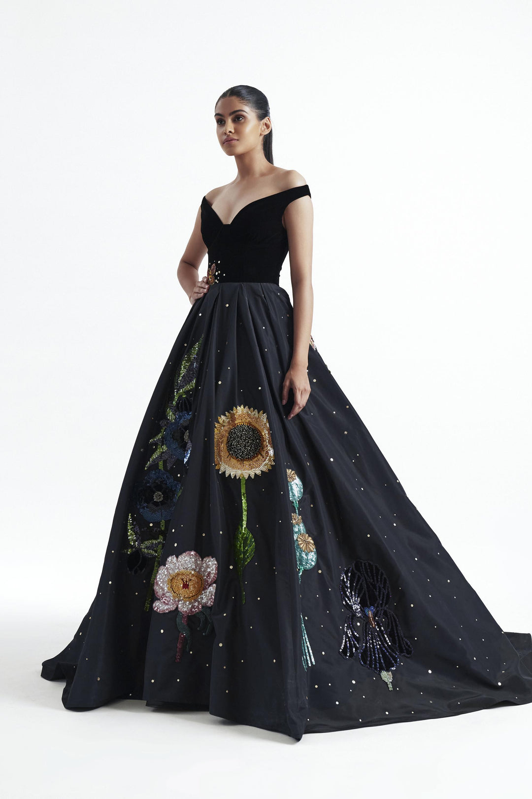 Wide neck off shoulder velvet upper body with botanical embroidery on lower body
