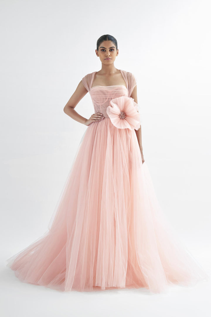 Corsetted tulle gown with gathered straps & sculpted flower