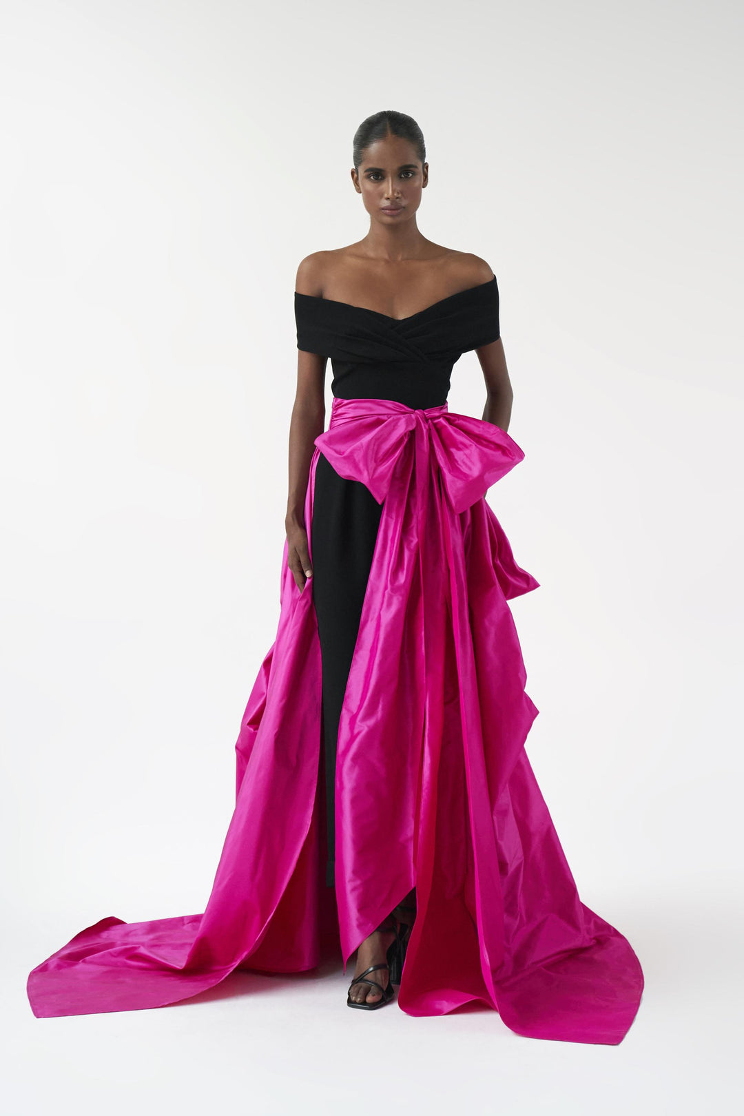 Belted taffeta overskirt with picked up hem