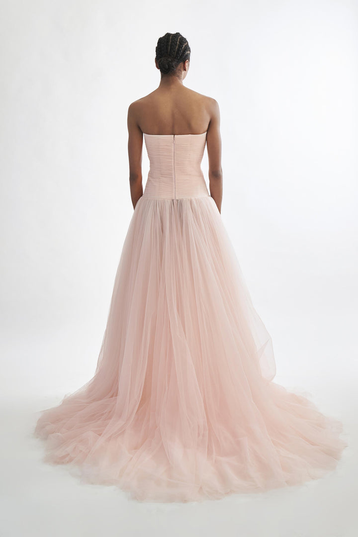 Strapless drop waisted fluted corsetted gown with stole