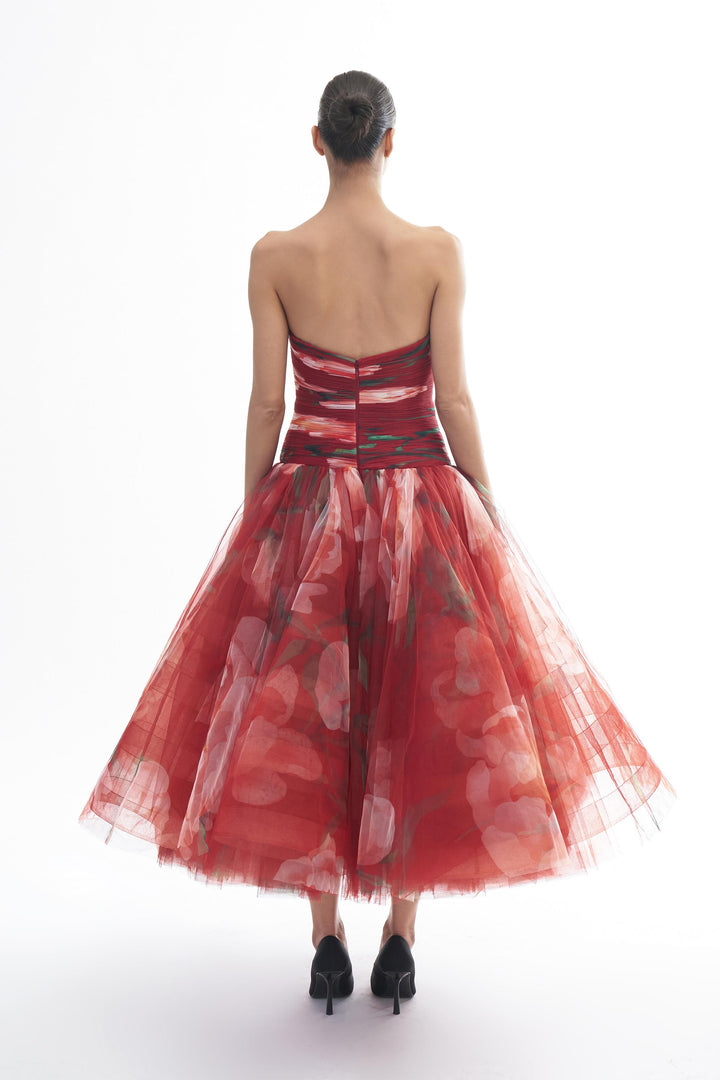 Strapless sweetheart fluted draped drop waisted net midi