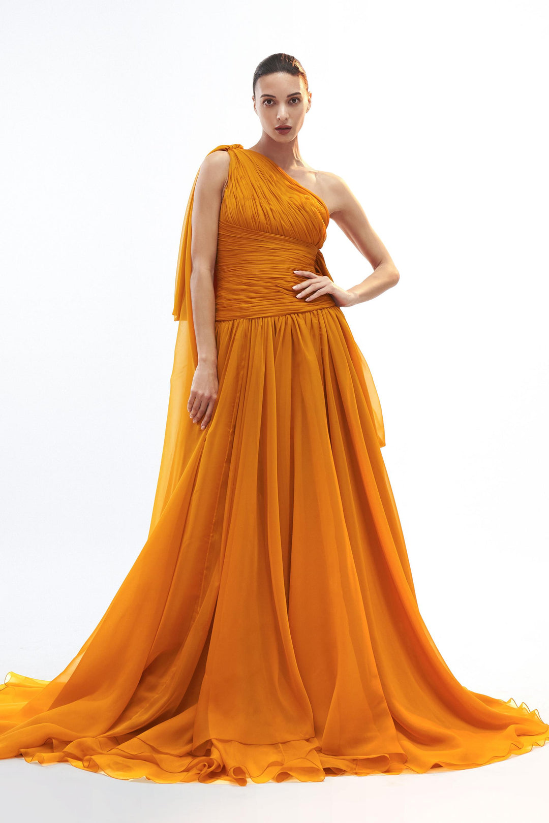 One shoulder drop waisted draped gown with side bow and train