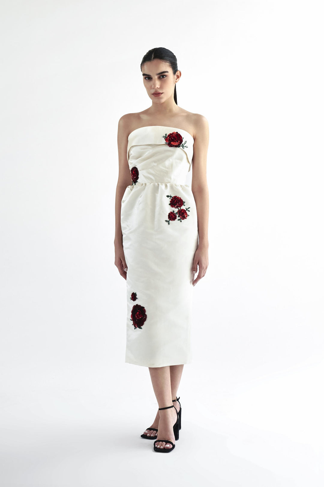 Internally corseted midi dress with rose embroidery