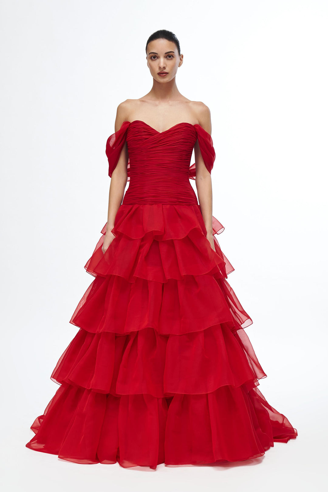 Off shoulder drop waisted fluted gown with tiered hem