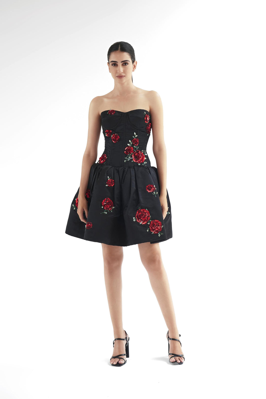 Corseted drop waist dress with puff Hem and rose embroidery