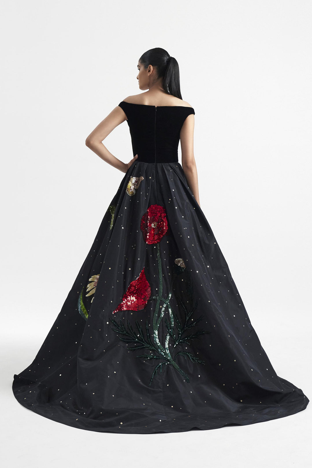 Wide neck off shoulder velvet upper body with botanical embroidery on Gauri and Nainika Wide neck off shoulder velvet upper body with botanical embroidery on Gauri and Nainika
