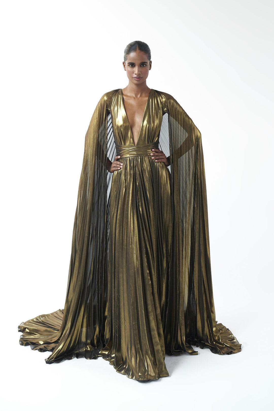 Gold Lame Gown with Cape Sleeves – Gauri and Nainika