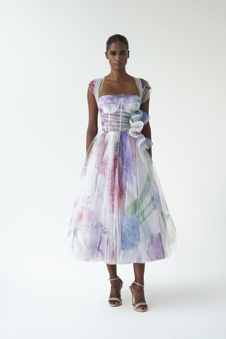 Corsetted tulle midi with gathered straps & sculpted flower
