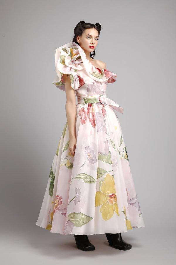 One shoulder bubble ruffle midi