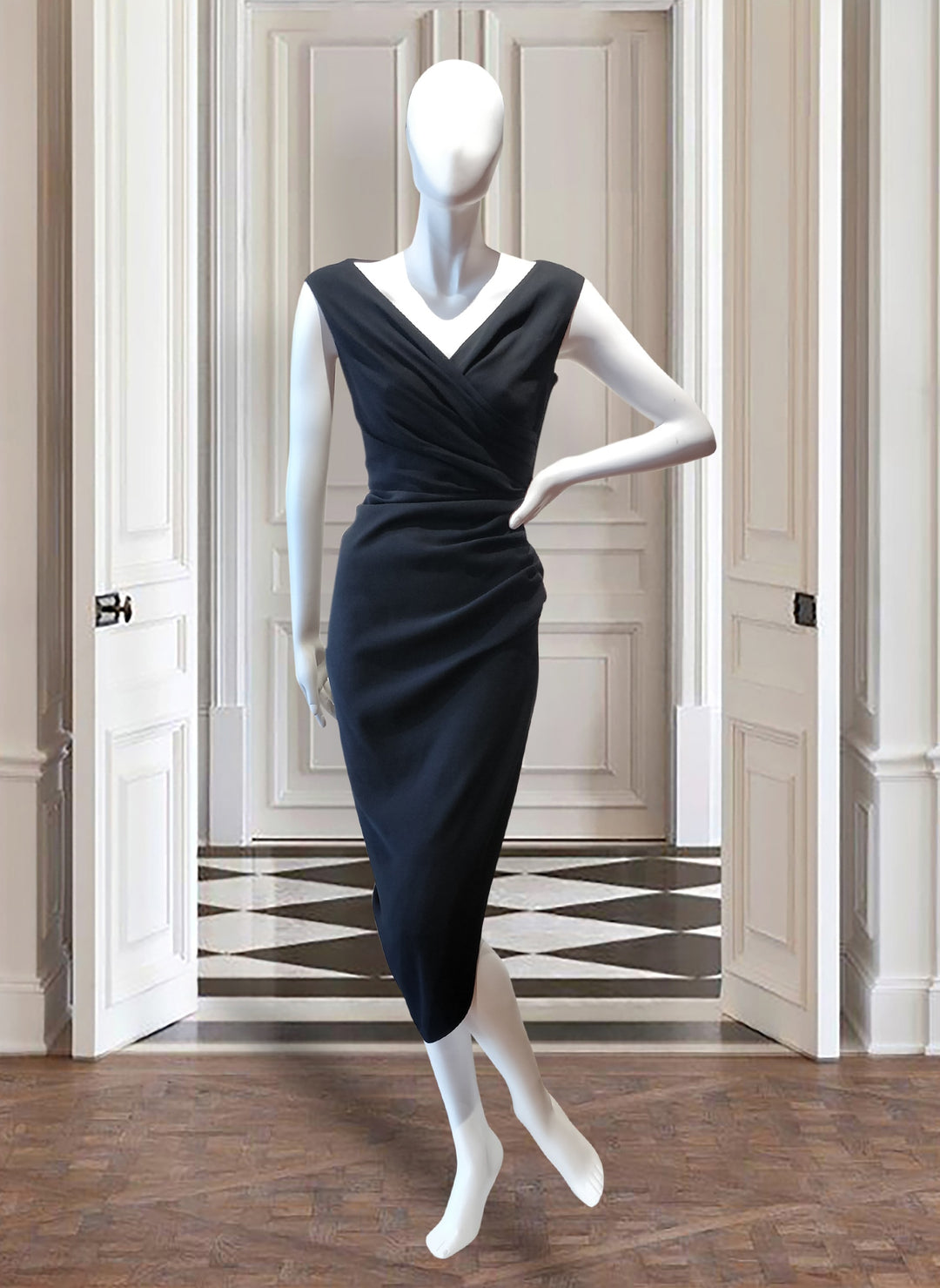 Overlapping neck pencil dress with draped asymmetrical lower body Gauri and Nainika Overlapping neck pencil dress with draped asymmetrical lower body Gauri and Nainika