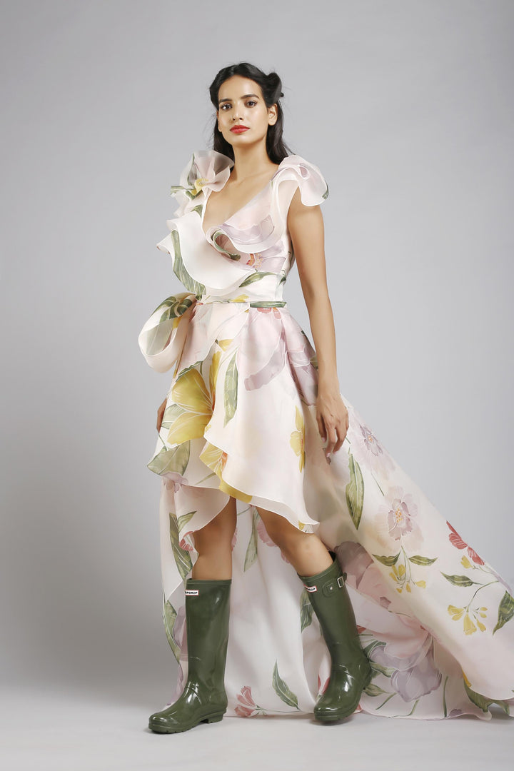 Frilled high low wrap dress