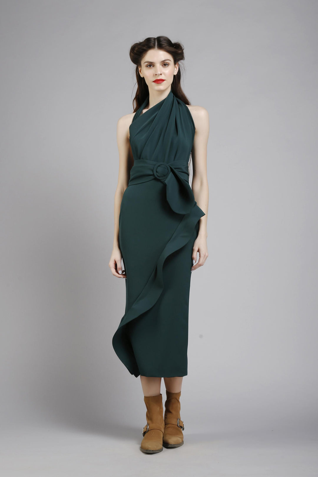 Draped pencil dress with sculpted frill detail