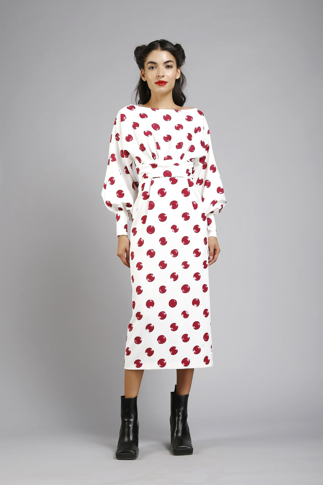 Boat neck pouf sleeves straight fit dress