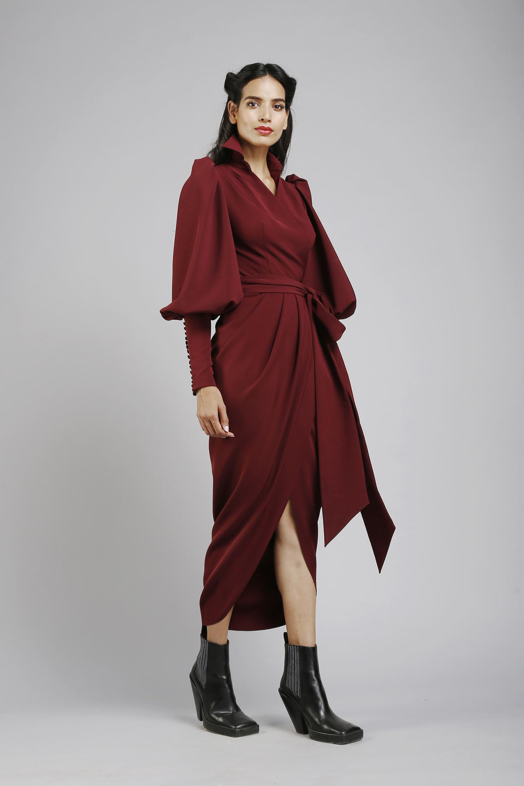 Collared pouf sleeves wrap dress